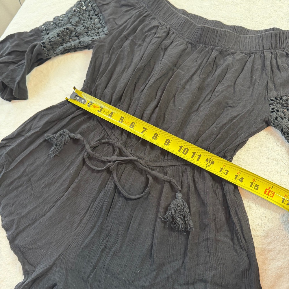 Hint of Blush Romper Womens L Black Good Crochet Lace Sleeve Boho Off Shoulder - Picture 2 of 11